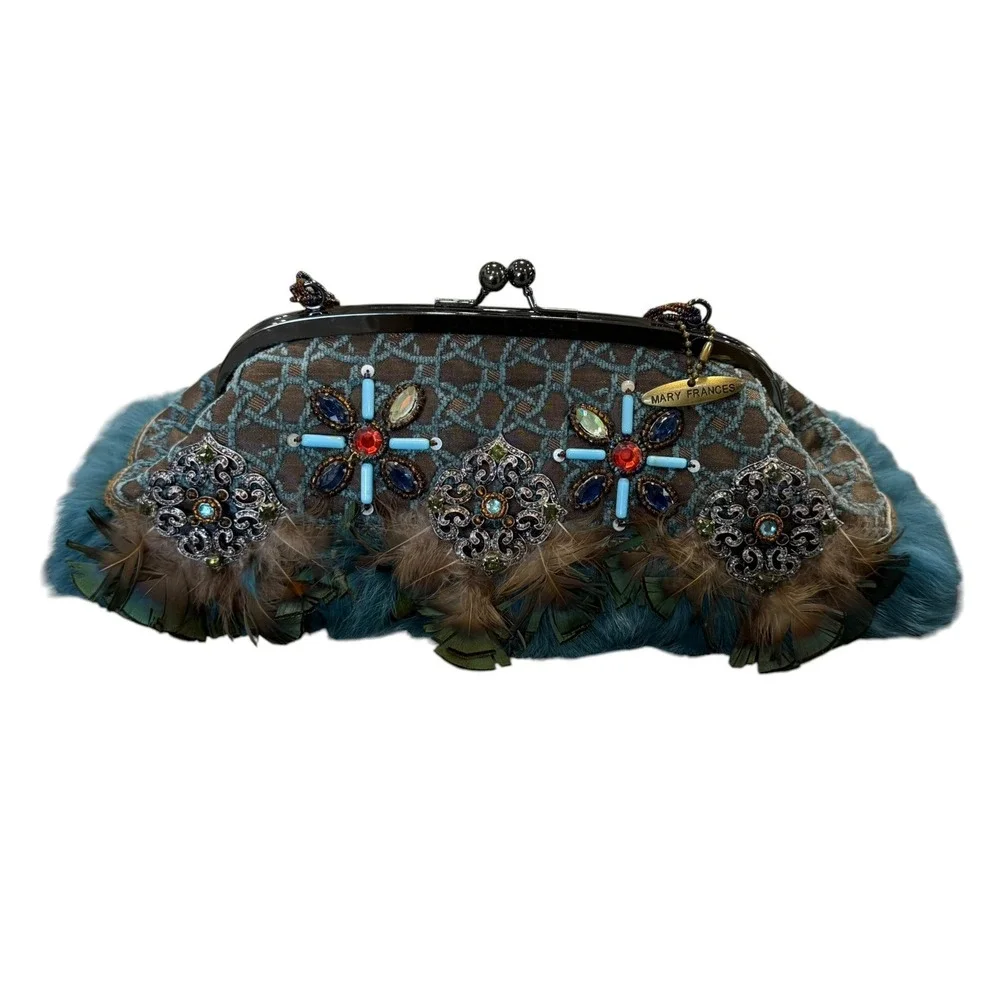Mary Frances Beaded Feather Fur Evening Clutch Handbag Blue Brown Jeweled Purse